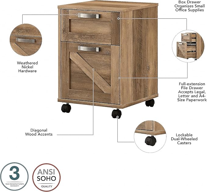 Bush Furniture Knoxville 2 Drawer Mobile File Cabinet, Rolling Document Storage for Home Office, Reclaimed Pine - LeafyLoom