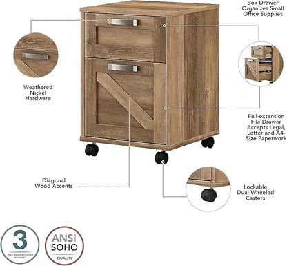 Bush Furniture Knoxville 2 Drawer Mobile File Cabinet, Rolling Document Storage for Home Office, Reclaimed Pine - LeafyLoom