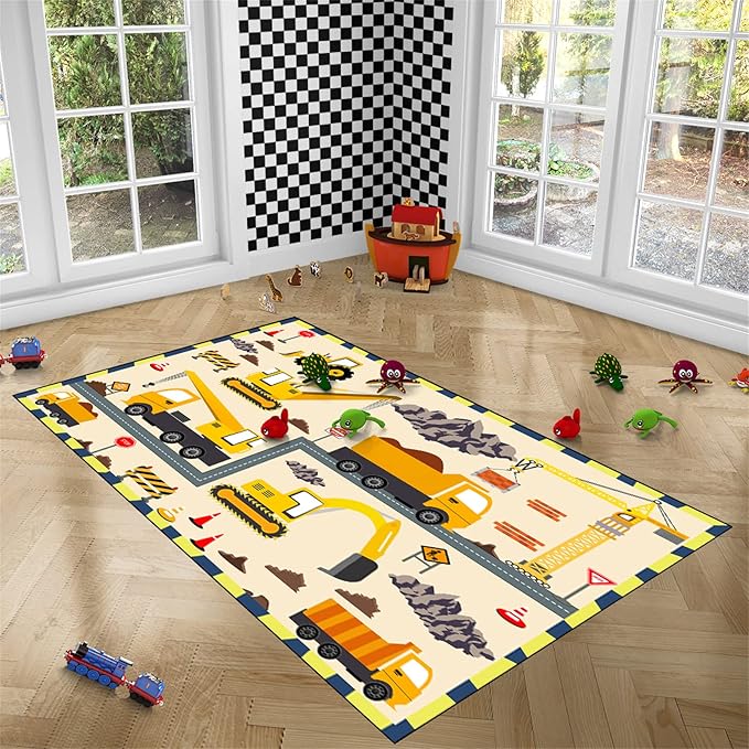 Construction Play Mat Car Rug Play Mat Construction Rugs for Boys Room Car Rug for Boys Room Construction Decor for Boys Room Playroom Rug for Livingroom 4'5''×6' - LeafyLoom