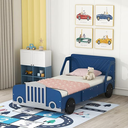 Twin Size Car-Shaped Bed Frame for Kids,Wooden Platform Bed with Wheels and Side Rails for for Boys Girls,Wood Slat Supports,No Box Spring Needed,Blue - LeafyLoom