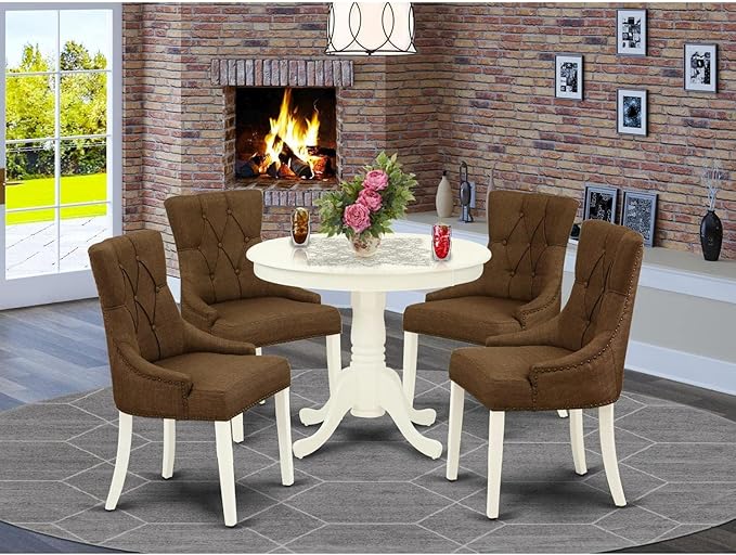 East West Furniture ANFR5-LWH-18 Antique 5 Piece Room Set Includes a Round Kitchen Table with Pedestal and 4 Brown Fabric Parson Dining Chairs, 36x36 Inch, Linen White - LeafyLoom