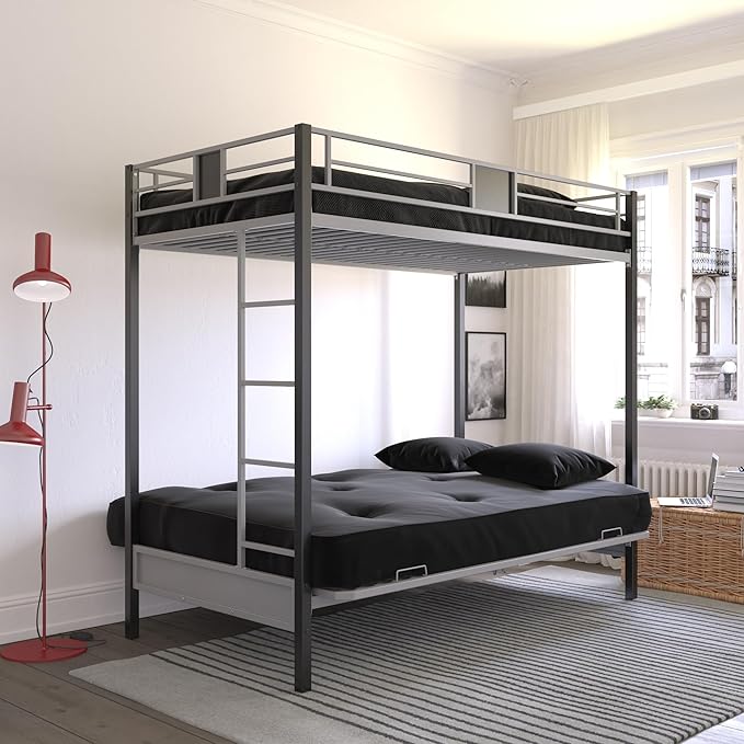 DHP Silver Screen Metal Bunk Bed with Ladder, Black, Twin - LeafyLoom