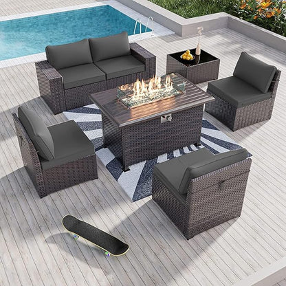 Kullavik 7 PCS Outdoor Patio Furniture Set with 43" 55000BTU Gas Propane Fire Pit Table PE Wicker Rattan Sectional Sofa Patio Conversation Sets for Outdoor,Grey - LeafyLoom