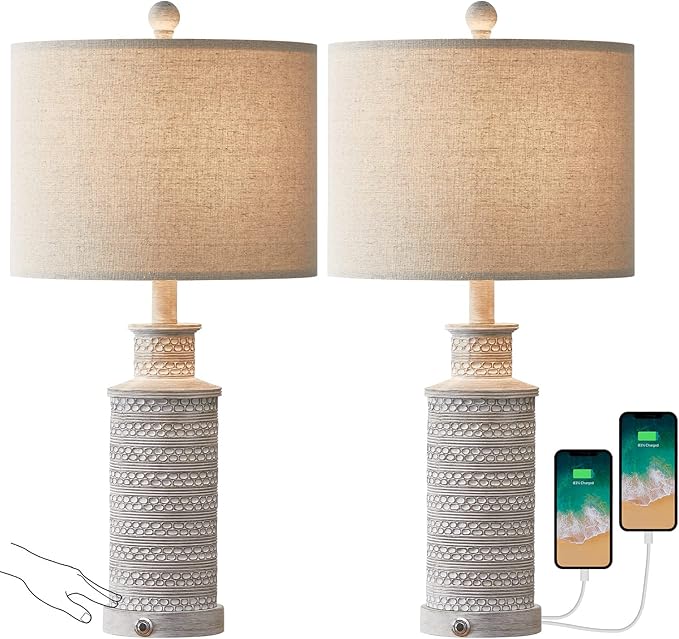 BOBOMOMO 3-Way Dimmable Touch Control Table Lamp Set of 2 with Dual USB Charging Ports for Bedroom Living Room Vintage Rustic Farmhouse Traditional Nightstand Bedside Lamps(Bulbs Included) - LeafyLoom