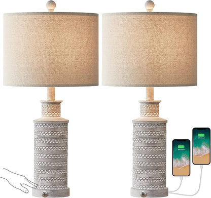 BOBOMOMO 3-Way Dimmable Touch Control Table Lamp Set of 2 with Dual USB Charging Ports for Bedroom Living Room Vintage Rustic Farmhouse Traditional Nightstand Bedside Lamps(Bulbs Included) - LeafyLoom