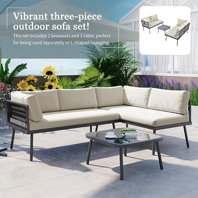 3-Piece Outdoor Patio Furniture PE Rattan Sofa Set, All Weather L-Shaped Sectional Couch with Removable Cushions and Glass Table, for Backyard Poolside Garden, Metal Frame, Onesize, Beige - LeafyLoom