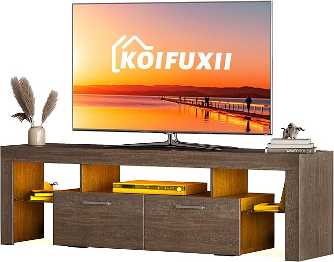 Mid Century Modern TV Stand for 40 50 55 60 65 70 Inch TV, Brown LED TV Stand with Storage Cabinet, Wood Media TV Console, TV Entertainment Center for Living Room Bedroom - LeafyLoom