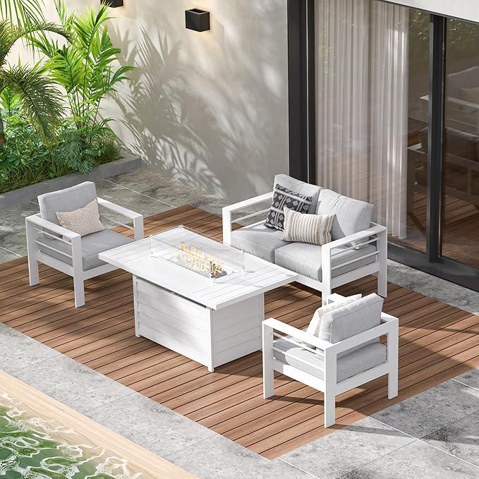 Wisteria Lane Aluminum Patio Furniture Set, 4 Piece Metal Outdoor Furniture Set with CSA Certified 54in Propane Gas Fire Pit Table, Patio Conversation Set with 5in Olefin Cover Cushions (White) - LeafyLoom