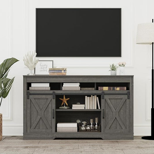 Farmhouse TV Stand with Sliding Barn Door for TVs up to 65+ Inch, 34" Tall Entertainment Center, Wood Media Console Storage Cabinet for Bedroom, Living Room, Dark Grey - LeafyLoom