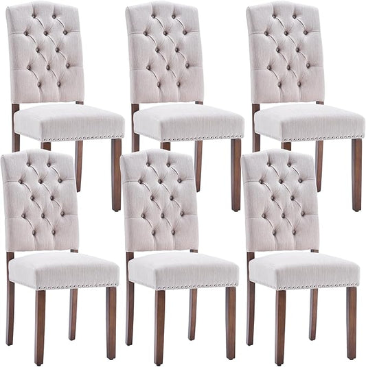 Stylish Upholstered Nailhead Trim and Sturdy Solid Wood Legs Parson Dining Chair, Set of 6, Beige - LeafyLoom