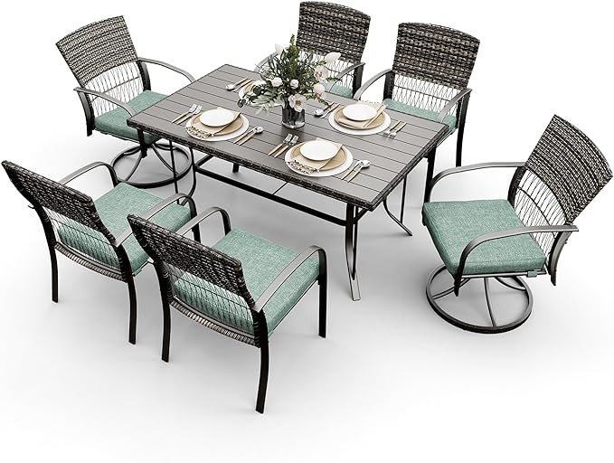 Pamapic 7 Piece Patio Dining Set for 6,Wicker Outdoor Furniture Set for Backyard Garden Deck Poolside with Iron Slats Table Top,4 Dining Chairs and 2 Swivel Rockers,Removable Cushions(Green) - LeafyLoom