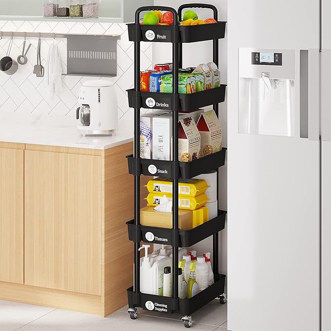 Storage Cart,Multifunction Utility Rolling Cart Kitchen Storage Organizer,Mobile Shelving Unit Cart with Lockable Wheels for Bathroom,Laundry,with Classified Stickers - LeafyLoom