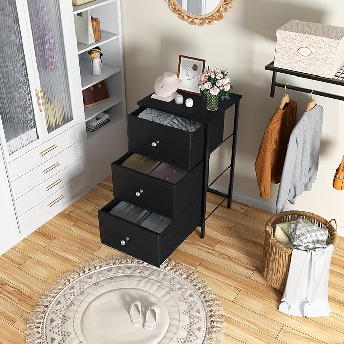 BOLUO Black Night Stand with 3 Drawer Dresser for Bedroom,Tall Nightstand Small Chest of Drawers for Closet Dorm Modern - LeafyLoom