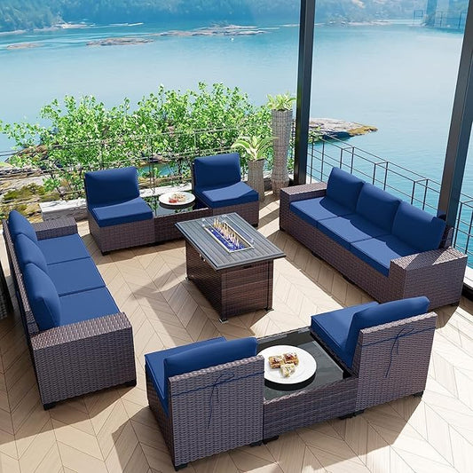 Kullavik 13 Pieces Outdoor Patio Furniture Set with 43" 55000BTU Gas Propane Fire Pit Table PE Wicker Rattan Sectional Sofa Patio Conversation Sets,Navy blue - LeafyLoom