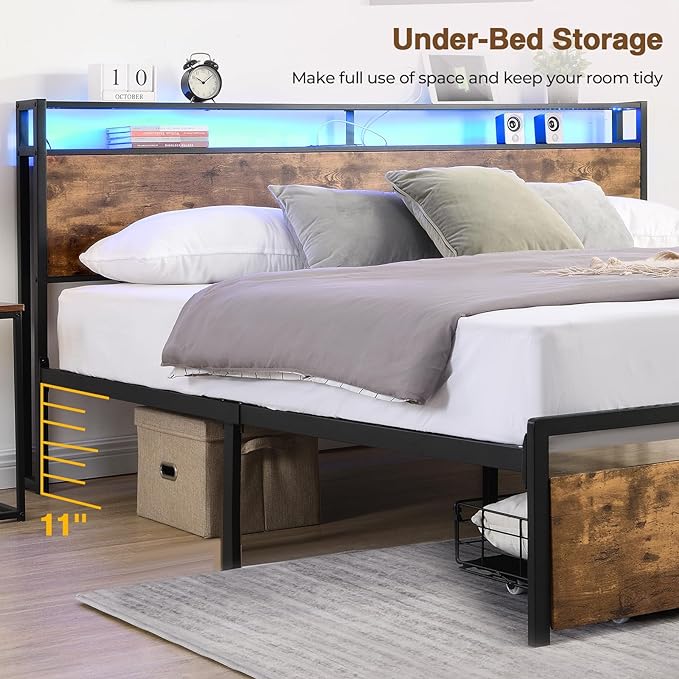 LED Full Bed Frame with 2 Storage Drawers & Headboard, Platform Metal Bed Frame with Charging Station, Noise-Free, No Box Spring Needed, Vintage Brown - LeafyLoom