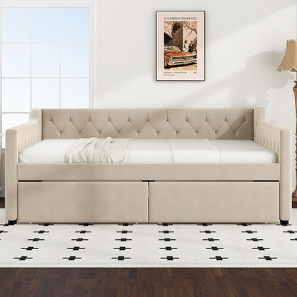 Full Size Velvet Upholstered Tufted Daybed with 2 Drawers,Modern Wood Bed Frame w/Armrests,Slat Support,No Box Spring Needed,Daybeds for Apartment,Bedroom,Guest Room,Beige - LeafyLoom