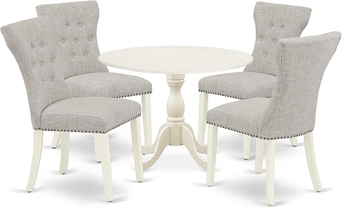 East West Furniture DMGA5-LWH-35 5 Piece Modern Dining Table Set Includes a Round Wooden Table with Dropleaf and 4 Doeskin Linen Fabric Parsons Dining Chairs, 42x42 Inch, Linen White - LeafyLoom