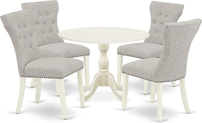 East West Furniture DMGA5-LWH-35 5 Piece Modern Dining Table Set Includes a Round Wooden Table with Dropleaf and 4 Doeskin Linen Fabric Parsons Dining Chairs, 42x42 Inch, Linen White - LeafyLoom