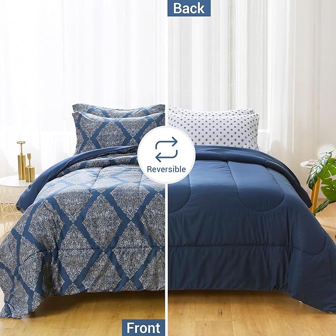 Printed King Bedding Sets with Comforter and Sheets, 7 Piece Bed in A Bag Comforter Set with Fluffy Microfiber, Vintage Navy Blue Plaid Paisley Pattern - LeafyLoom