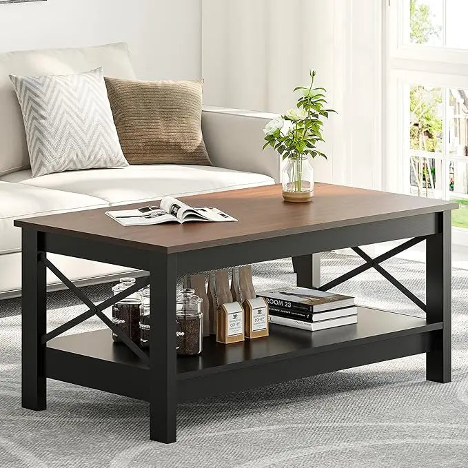 YITAHOME Coffee Table for Living Room,Modern Farmhouse Coffee Table with Storage,2-Tier Center Table for Living Room Wood Living Room Table Accent Cocktail with Sturdy Frame,Brown and Black - LeafyLoom