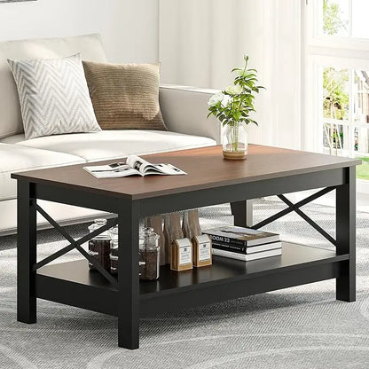 YITAHOME Coffee Table for Living Room,Modern Farmhouse Coffee Table with Storage,2-Tier Center Table for Living Room Wood Living Room Table Accent Cocktail with Sturdy Frame,Brown and Black - LeafyLoom