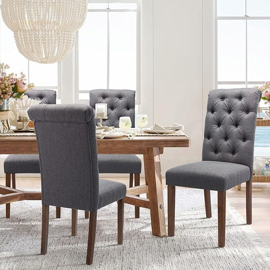 COLAMY Button Tufted Dining Chairs Set of 4, Parsons Upholstered Fabric Dining Room Chairs Kitchen Chairs with Wood Legs and Padded Seat, Dark Grey - LeafyLoom