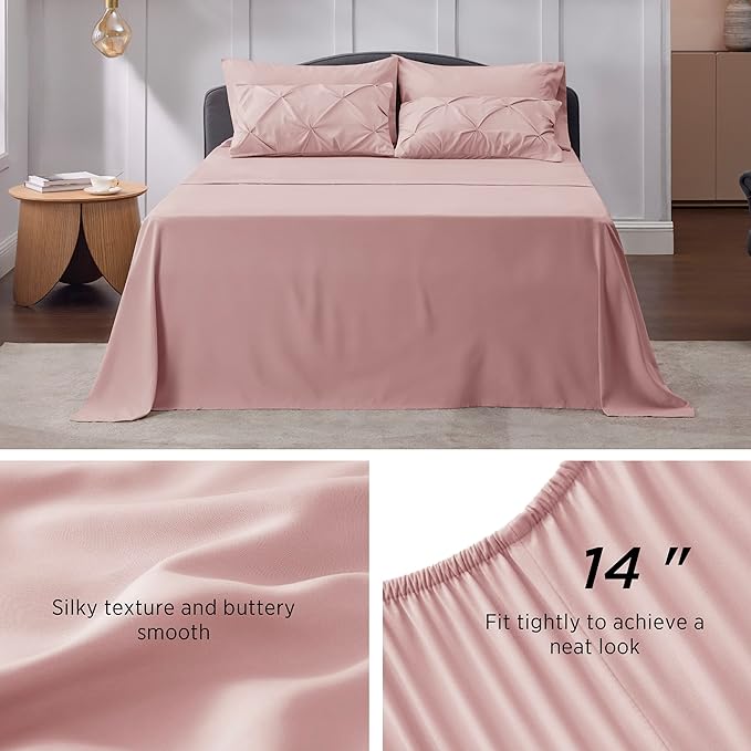 Bedsure Pink Comforter Set Queen - Bed in a Bag Queen 7 Pieces, Pintuck Bedding Sets Pink Bed Set with Comforter, Sheets, Pillowcases & Shams - LeafyLoom