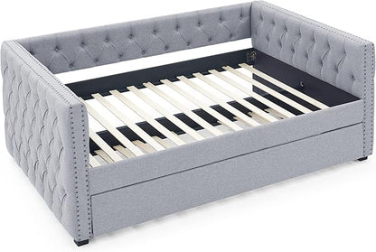 RITSU Modern Daybed with Casters, Upholstered Tufted Pull-Out Sofa Bed, Linen Solid Wood Structure, Square Arms w/Buttons and Copper Nails Accent, Suitable for Bedroom, Apartment, 85.00, Grey-2 - LeafyLoom