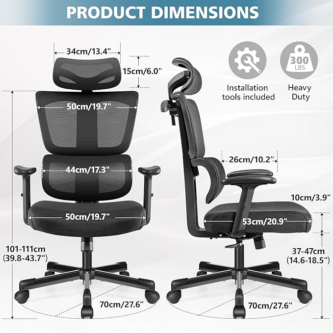 Primy Office Chair Ergonomic Desk Chair, High Back Computer Gaming Chair, Comfy Big and Tall Home Office Chair with Lumbar Support, Breathable Mesh Reclining Chair Adjustable Armrests Headrest(Black) - LeafyLoom