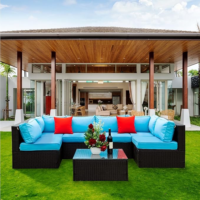 5 Pieces Outdoor Furniture PE Rattan Patio Sectional U Shaped Conversation Sofa Set with Table and 2 Pillows for Garden, Yark, Lawn, Backyard, Onesize, Black Wicker+Blue Cushion - LeafyLoom