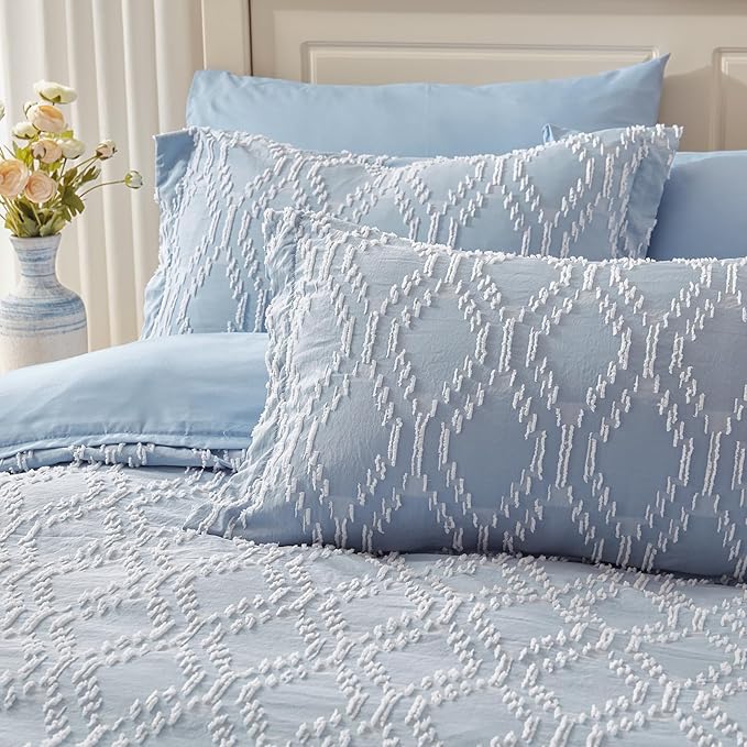 EMME Twin Comforter Set - 5 Pcs Blue Boho Bedding Sets, Twin Size Tufted Comforter with Sheets, Shabby Chic Embroidery Bed Set Fluffy Bed Bag for All Season(68"X90") - LeafyLoom