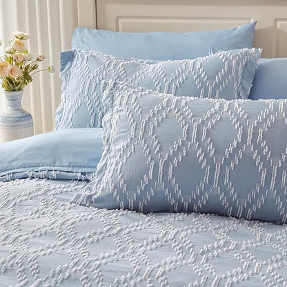 EMME Twin Comforter Set - 5 Pcs Blue Boho Bedding Sets, Twin Size Tufted Comforter with Sheets, Shabby Chic Embroidery Bed Set Fluffy Bed Bag for All Season(68"X90") - LeafyLoom