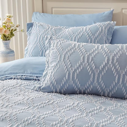 EMME Queen Comforter Set - 7 Pcs Blue Boho Bedding Sets, Full Size Tufted Comforter with Sheets, Shabby Chic Embroidery Queen Bed Set Fluffy Bed Bag for All Season(90"X90") - LeafyLoom