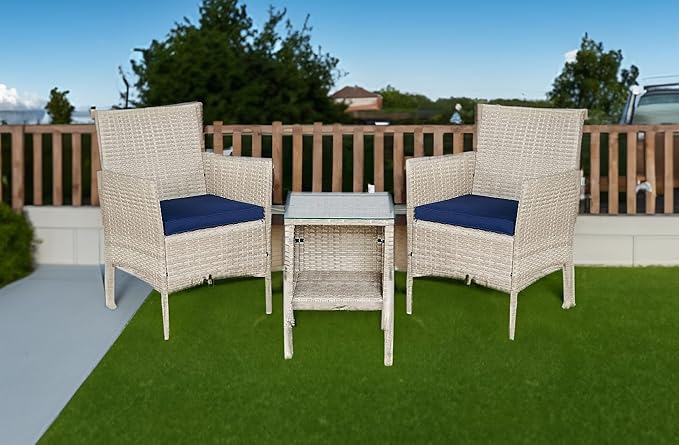 BTEXPERT Outdoor Wicker Conversation 3 Piece Bistro Set Garden Patio Yard Porch Furniture Space Saving Pe Rattan 2 Chairs Cushions Side Storage Glass Table Stone Gray/Navy Blue 3pc - LeafyLoom