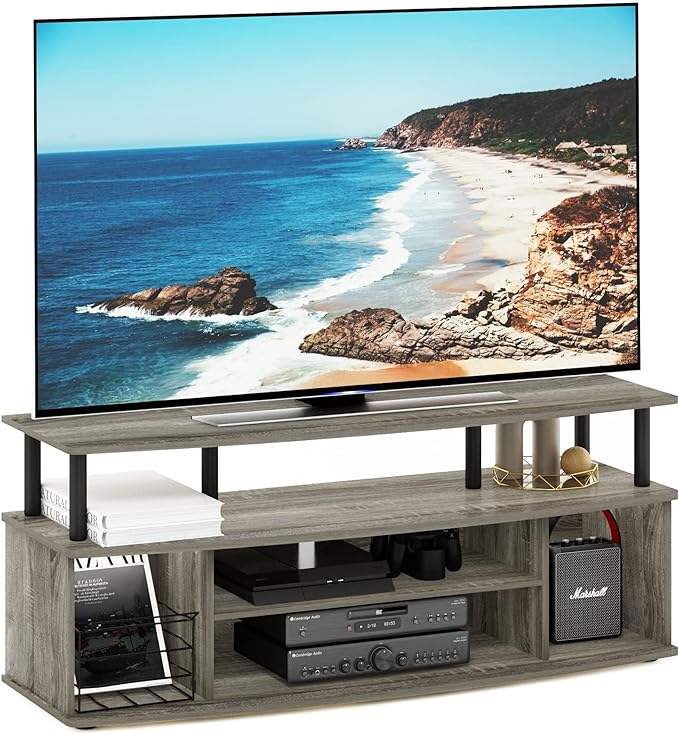 Furinno Jaya Large Entertainment Center Hold up to 55-in TV, Inch, French Oak/Black - LeafyLoom