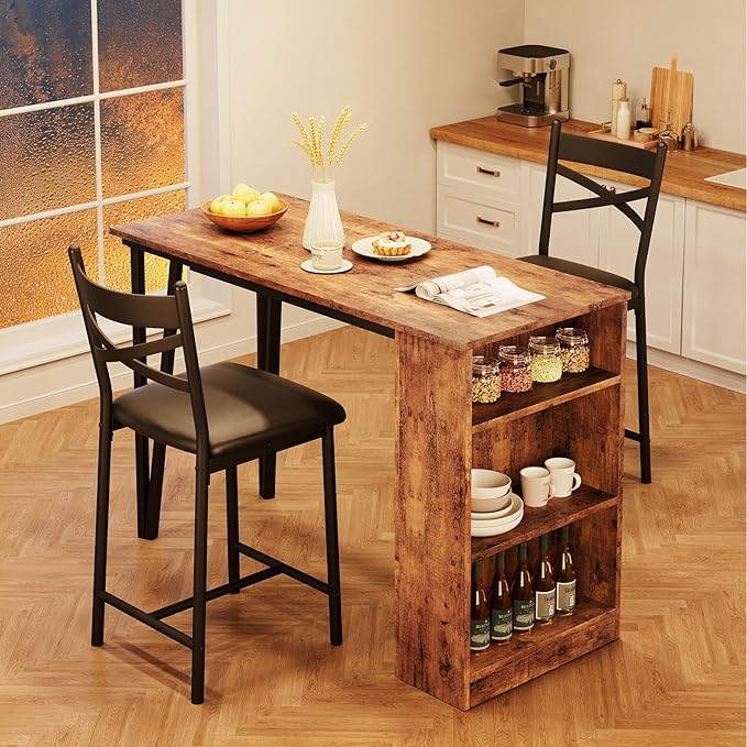 GAOMON Dining Table Set for 2, Kitchen Bar Table and Chairs Set for 2, 3PCS Kitchen Table Set with 2 Upholstered Chairs, Expandable Counter Height Bar Table Set with 3 Storage, Rustic Brown - LeafyLoom