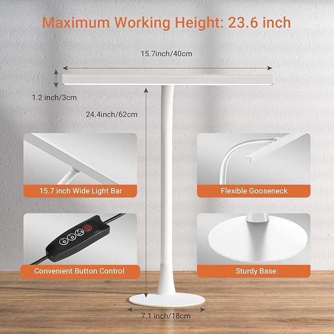 LED Piano Desk Lamp, 15.7" Wide Computer Desk Lamp, 10W Bright Tall Flexible Task Lamp for Monitor, Workbench, 3 Color Modes & 30 Brightness, 1000LM - LeafyLoom