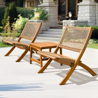 Twisted Wicker Wood Foldable Reclining Bistro Set - LeafyLoom