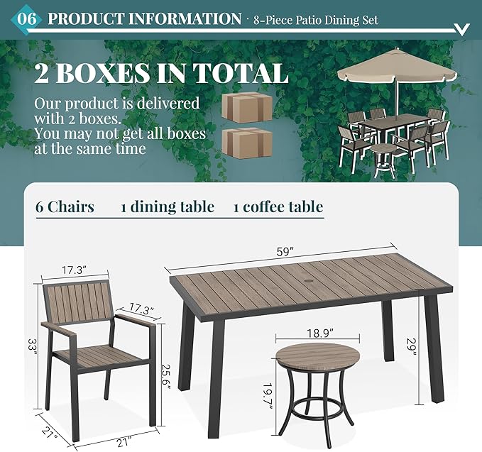 Pamapic 8-Piece Patio Dining Set，Outdoor Aluminum Furniture Set with Plastic-Wood Table Top,Outdoor Furniture Set with 6 Outdoor Stackable Chairs for Patio Garden Poolside，Walnut - LeafyLoom