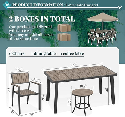 Pamapic 8-Piece Patio Dining Set，Outdoor Aluminum Furniture Set with Plastic-Wood Table Top,Outdoor Furniture Set with 6 Outdoor Stackable Chairs for Patio Garden Poolside，Walnut - LeafyLoom