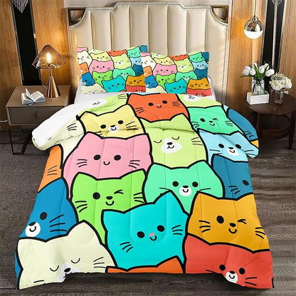 Cat Bedding Set Full Size - 3 Piece Cartoon Cat Comforter Set for Girls Boys Kids Bedroom Colorful Animals Print Home Bedding Decor for All Season Soft Warm 1 Cat Quilt Cover with 2 Pillowcases - LeafyLoom