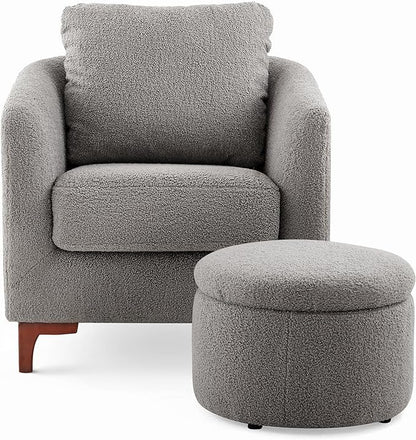 COLAMY Sherpa Accent Chair with Storage Ottoman Set, Upholstered Barrel Arm Chair with Footrest, Modern Living Room Chair with Back Pillow, Grey - LeafyLoom