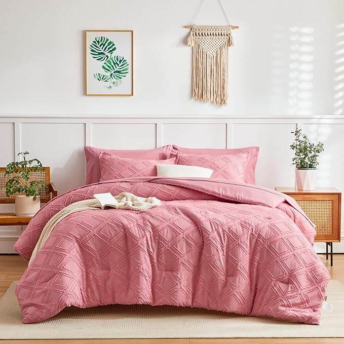 7 Pieces Tufted Bed in a Bag King Comforter Set with Sheets Pink, Soft and Embroidery Shabby Chic Boho Bohemian, Luxury Solid Color with Diamond Pattern, Jacquard Tufts Bedding Set for All Season - LeafyLoom