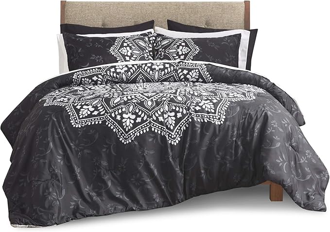 Comfort Spaces Bed in A Bag - Trendy Casual Design Cozy Comforter with Complete Sheet Set with Side Pocket, All Season Cover, Matching Shams, Queen(90"x90"), Ava Medallion Black 9 Piece - LeafyLoom