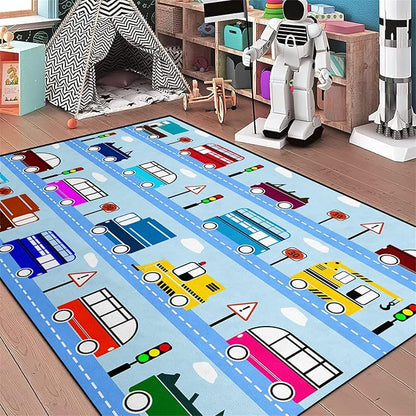 Car Rug Car Play Mat Kids Rugs for Playroom Car Rug Play Mat Rugs for Boys Bedroom Car Carpet for Kids Play Rug for Cars and Trucks Car Rug for Boys Room,Light Blue 5'×7' - LeafyLoom