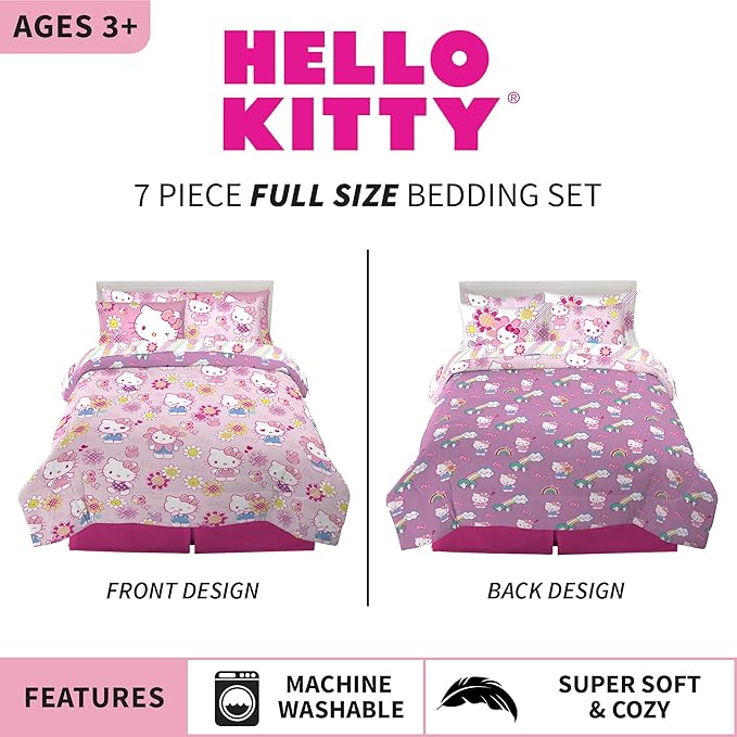 Franco Kids Bedding Super Soft Comforter and Sheet Set with Sham, 7 Piece Full Size, Hello Kitty - LeafyLoom