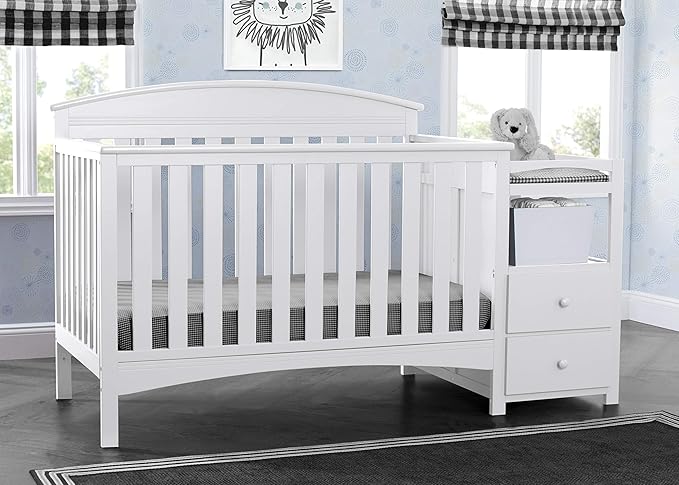 Delta Children Abby Convertible Crib 'N' Changer, Bianca + Serta Perfect Slumber Dual Sided Recycled Fiber Core Crib and Toddler Mattress (Bundle) - LeafyLoom