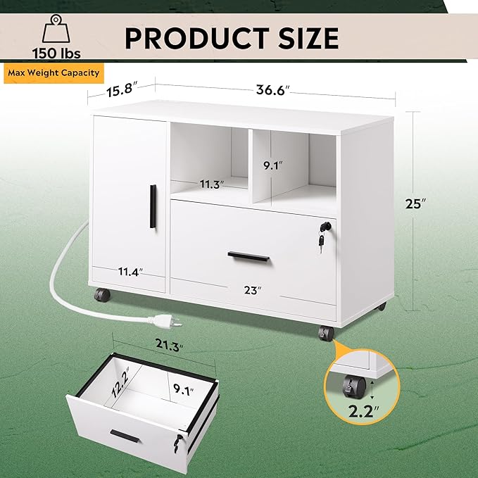 DEVAISE File Cabinet with Charging Station, 1-Drawer Lateral File Cabinets with lock for home office, Wooden Rolling Printer Stand with Shelves, White - LeafyLoom