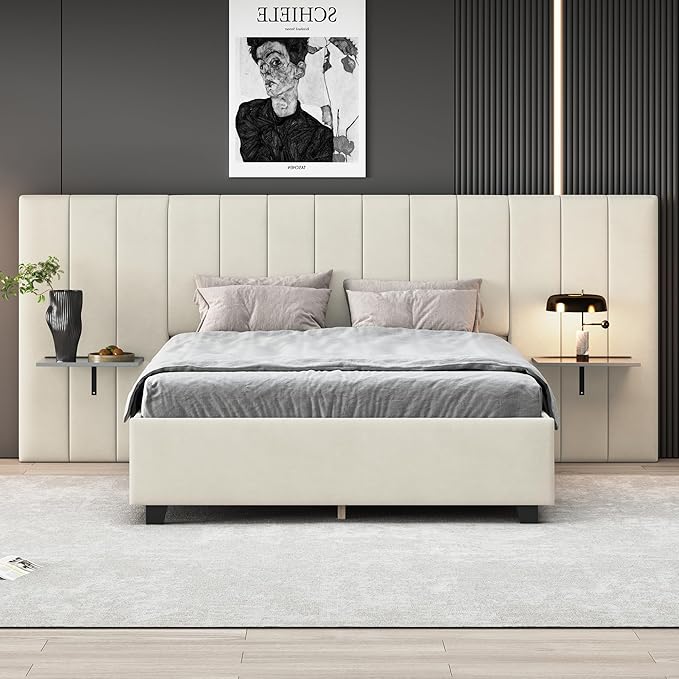 Queen Upholstered Platform Bed Frame with Extended Headboard and and Two Shelves, Velvet Bed, No Box Spring Needed, Beige - LeafyLoom