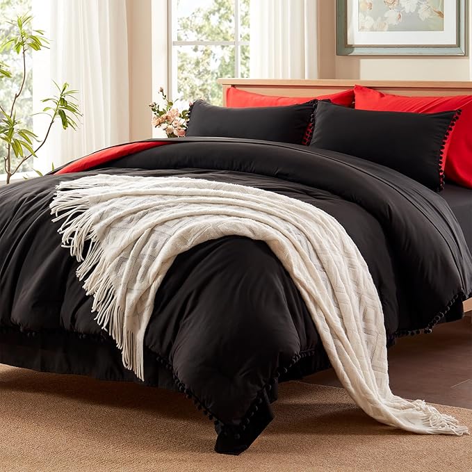 Anluoer King Comforter Set 7 Piece, Black Bed in a Bag with Sheets, Pom Pom Boho Bedding Comforter Sets with 1 Comforter, 2 Pillow Shams, 2 Pillowcases, 1 Flat Sheet, 1 Fitted Sheet - LeafyLoom